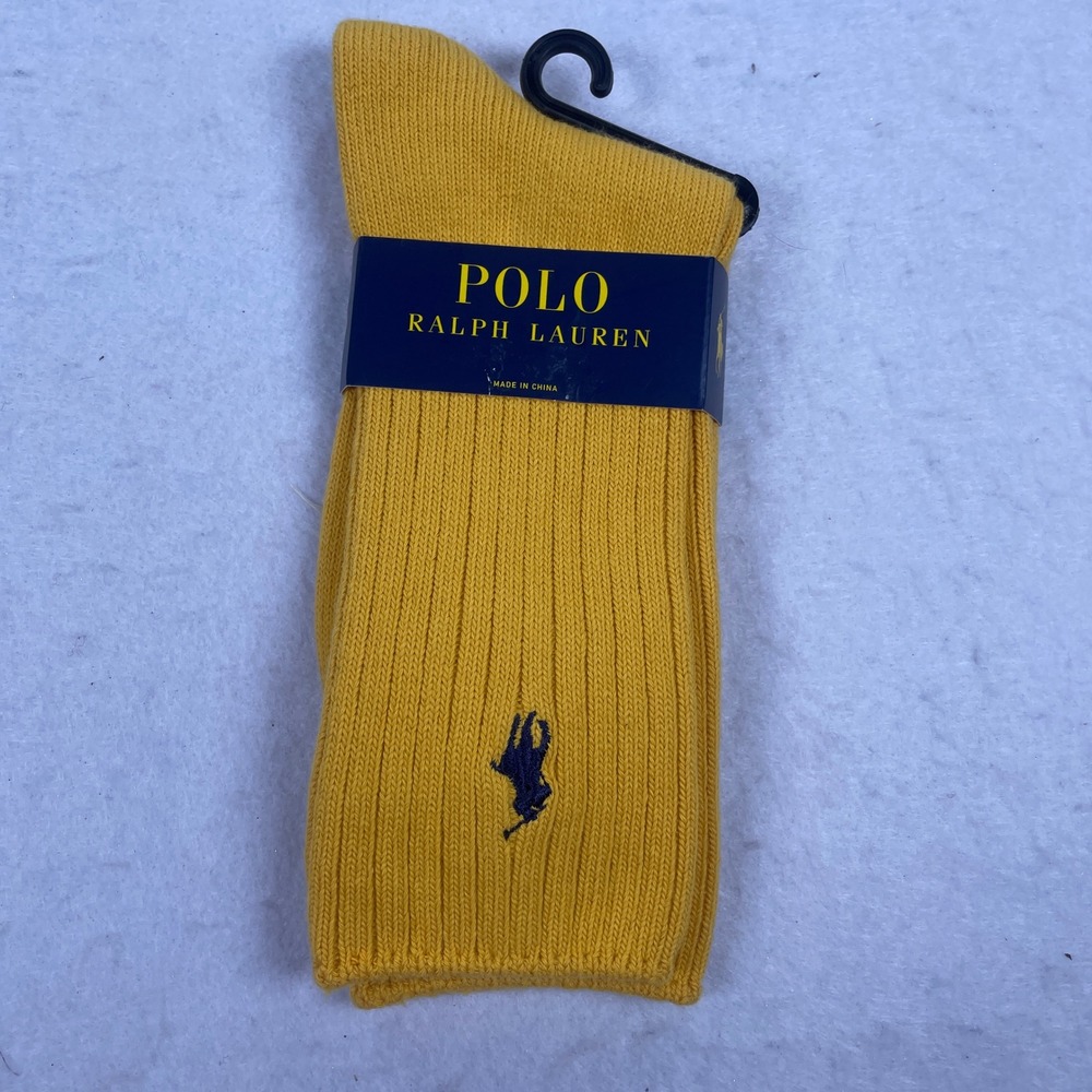 Polo Ralph Lauren Mustard Yellow Ribbed Crew Socks Navy Pony Logo NWT
